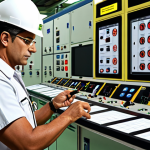 **Prompt:** A highly detailed illustration depicting a CNEN inspector in Brazil, reviewing safety protocols at a nuclear facility, emphasizing the use of AI monitoring systems. Focus on showing adherence to strict regulations and safety culture.