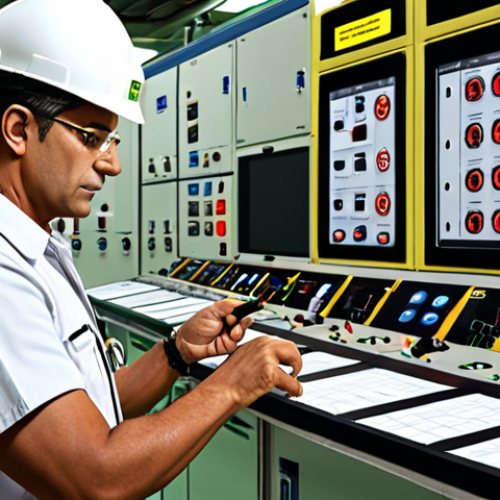 **Prompt:** A highly detailed illustration depicting a CNEN inspector in Brazil, reviewing safety protocols at a nuclear facility, emphasizing the use of AI monitoring systems. Focus on showing adherence to strict regulations and safety culture.