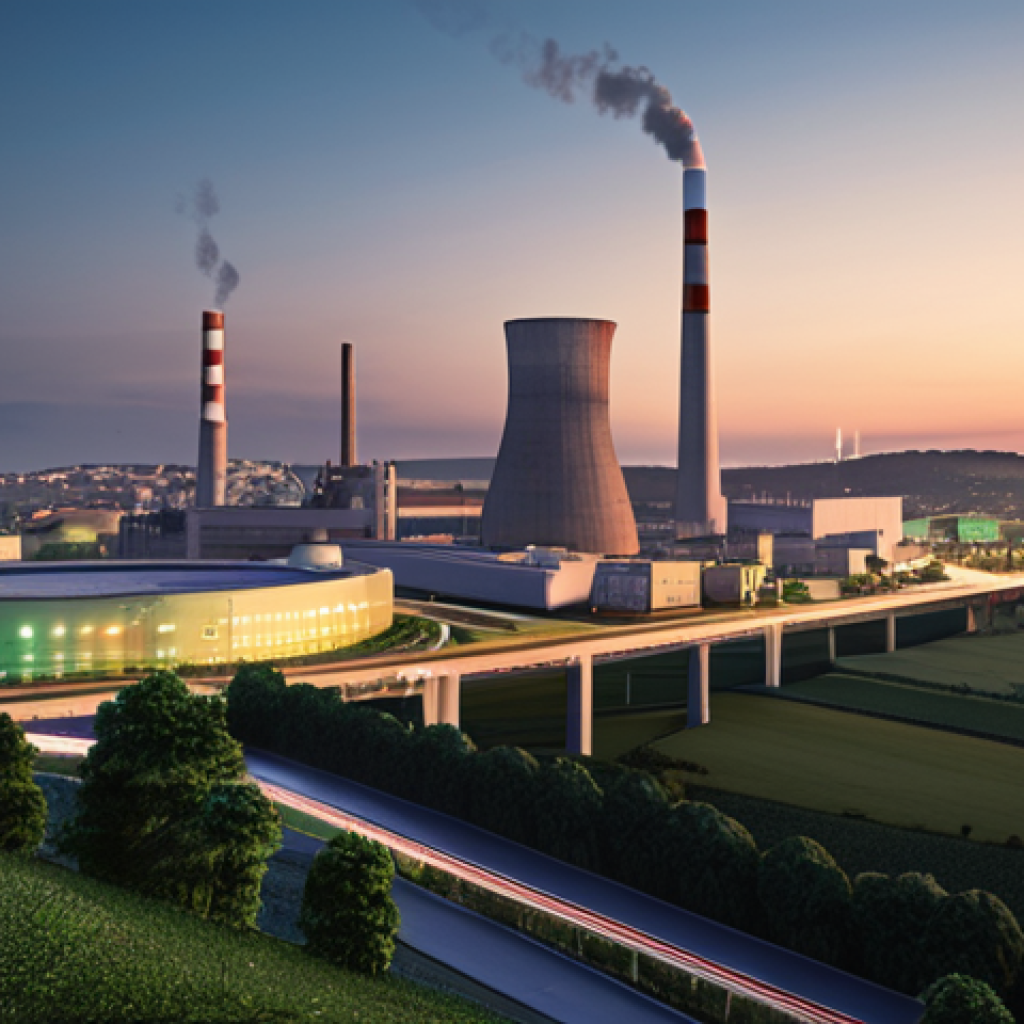 ** A futuristic city skyline at dusk, powered by a modern nuclear power plant in the distance. The scene should emphasize clean energy, with green spaces and electric vehicles. Consider a subtle Portuguese flag detail somewhere in the image. Focus on illustrating a positive vision of nuclear energy's role in a sustainable future.

**