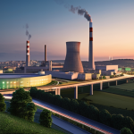 ** A futuristic city skyline at dusk, powered by a modern nuclear power plant in the distance. The scene should emphasize clean energy, with green spaces and electric vehicles. Consider a subtle Portuguese flag detail somewhere in the image. Focus on illustrating a positive vision of nuclear energy's role in a sustainable future.

**