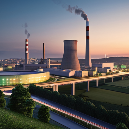 ** A futuristic city skyline at dusk, powered by a modern nuclear power plant in the distance. The scene should emphasize clean energy, with green spaces and electric vehicles. Consider a subtle Portuguese flag detail somewhere in the image. Focus on illustrating a positive vision of nuclear energy's role in a sustainable future.

**