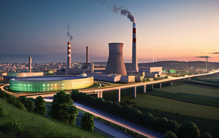 ** A futuristic city skyline at dusk, powered by a modern nuclear power plant in the distance. The scene should emphasize clean energy, with green spaces and electric vehicles. Consider a subtle Portuguese flag detail somewhere in the image. Focus on illustrating a positive vision of nuclear energy's role in a sustainable future.

**