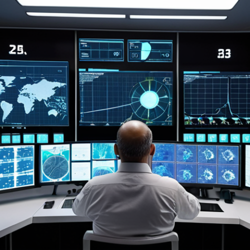 **

A futuristic smart grid control center, Lisbon, Portugal. Engineers are monitoring AI-powered dashboards displaying real-time solar and wind energy production forecasts alongside nuclear power output adjustments. Holographic displays show energy flow across the grid. Emphasize the integration of technology and sustainability.

**