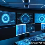 Home 21 원자력 엔지니어의 업무 효율화 도구 - A high-tech nuclear engineering control room featuring large interactive digital dashboards displayi...