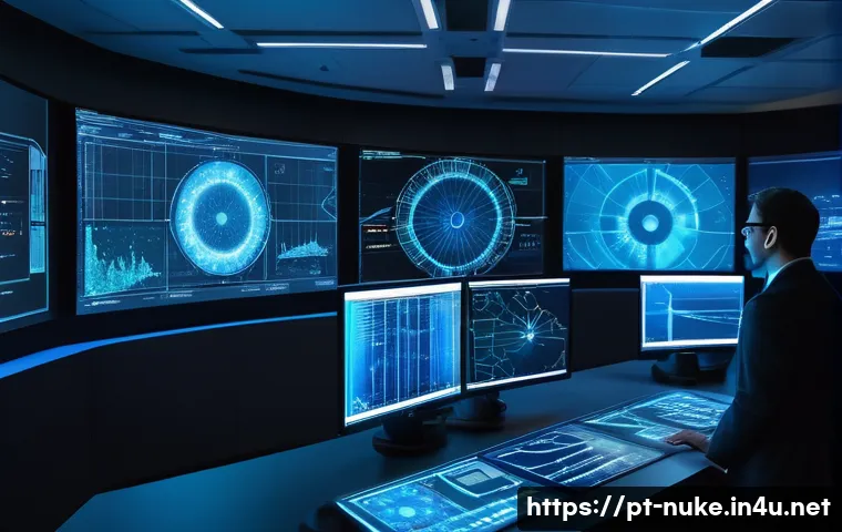 원자력 엔지니어의 업무 효율화 도구 - A high-tech nuclear engineering control room featuring large interactive digital dashboards displayi...