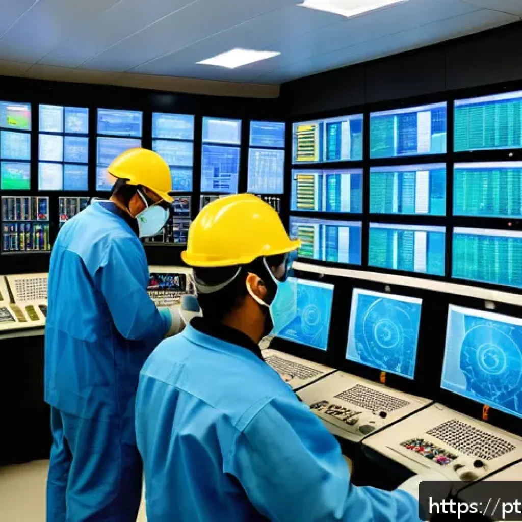 원자력 발전소 방사선 안전 수칙 - A detailed and realistic illustration of a modern nuclear power plant control room in Brazil, featur...