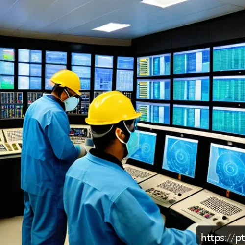 Home 32 원자력 발전소 방사선 안전 수칙 - A detailed and realistic illustration of a modern nuclear power plant control room in Brazil, featur...