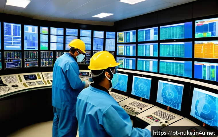 원자력 발전소 방사선 안전 수칙 - A detailed and realistic illustration of a modern nuclear power plant control room in Brazil, featur...