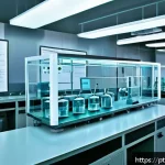 Home 19 원자력 발전 관련 실습 장비 소개 - A detailed educational nuclear laboratory scene featuring a small-scale didactic nuclear reactor mod...