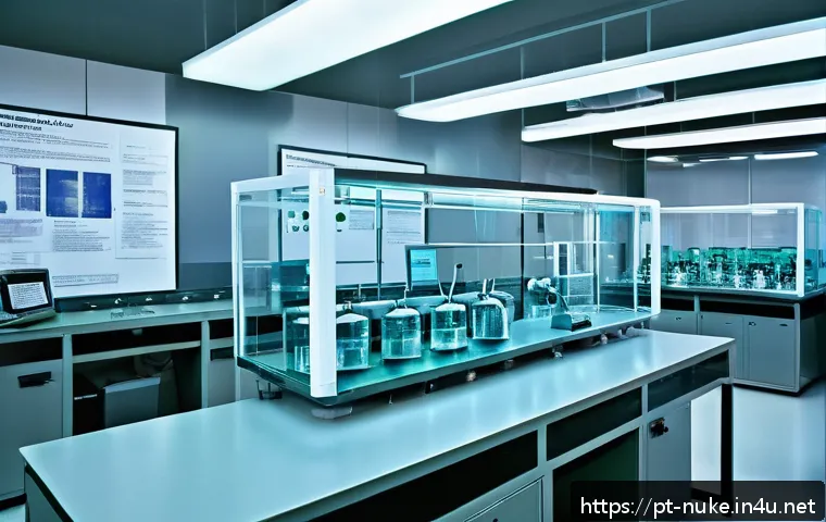 원자력 발전 관련 실습 장비 소개 - A detailed educational nuclear laboratory scene featuring a small-scale didactic nuclear reactor mod...