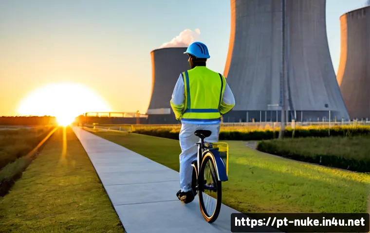 Home 17 원자력 엔지니어의 워라밸 유지법 - Photorealistic Brazilian nuclear engineer in clean safety attire leaving a modern nuclear power faci...