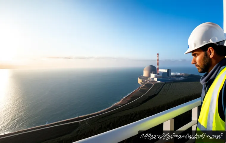 Home 17 원자력 기술 트렌드와 미래 전망 - Photorealistic modern nuclear power plant on a calm Portuguese Atlantic coastline at sunrise, clean ...