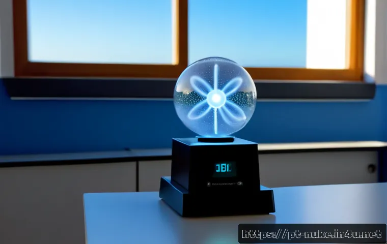 원자력 발전 이론 기초 - Photorealistic educational still life of a simple atomic nucleus model with glowing energy particles...